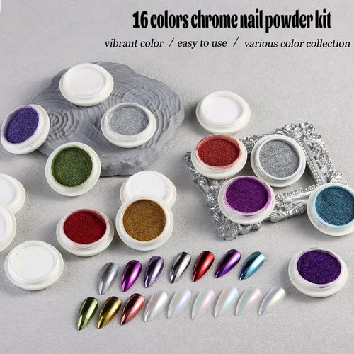 Fcozpjk Chrome Nail Powder Set, 16 Colors Mirror Metallic Effect for Nails Gold Silver Pink Blue Violet Green Red Crome Powder Pearl Chrome Pigment Iridescent Mermaid Shimmer Glitter Rub Dust Manicure