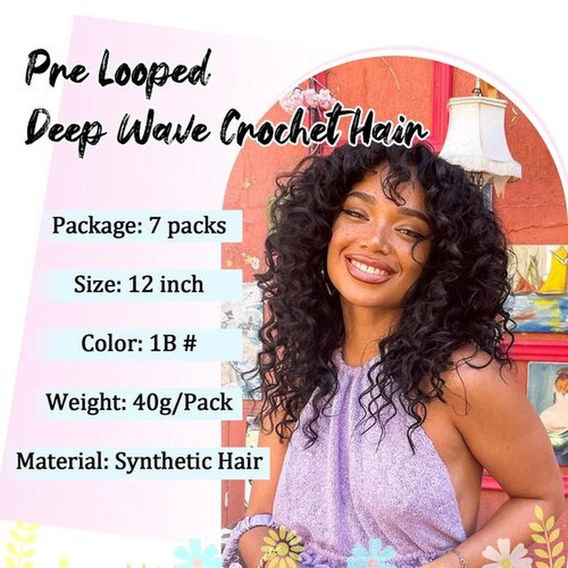 Gowit Pre Looped Deep Wave Crochet Hair 12 Inch 7 Packs Short Curly Black Pre Twisted Ocean Wave Deep Twist Crochet Braids Synthetic Braiding Hair for Black Women