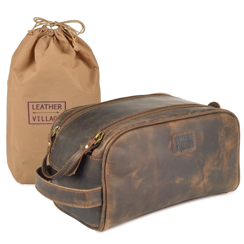 LEATHER VILLAGE Genuine Leather Toiletry Travel Bag With Waterproof Lining - Brown | King-Size Handcrafted Vintage Dopp Kit Bag, Shaving & Bathroom Organizer, Gift for Men & Women