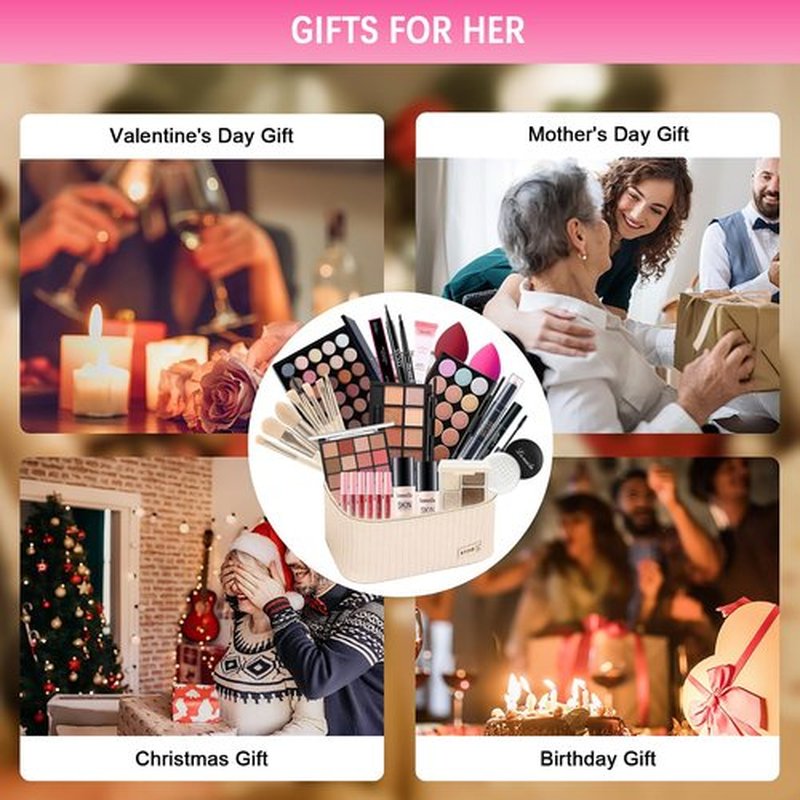All in One Makeup Kit for Women Full Kit, Makeup Gift Sets for Women Teens Girls, Makeup Essential Bundle Includes Eyeshadow Palette Foundation Eyeliner Contour Stick Lip Gloss Cosmetic Brush Set