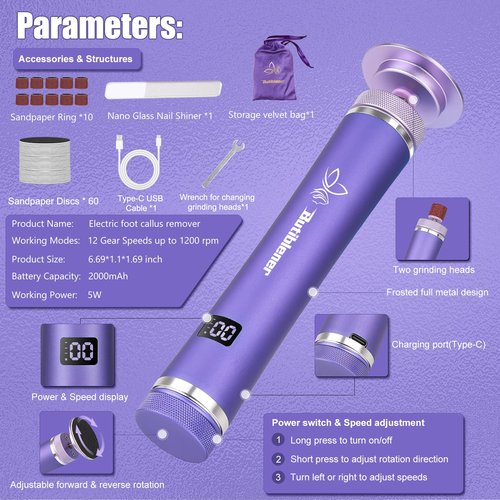 Electric Callus Remover for Feet, Cordless Foot File Pedicure Tool, Foot Sander Nail Grinder with 60+10PCS Sandpapers for Dead Skin Dry Calluses, 3 in 1 Foot Scrubber & Nail File (Purple)