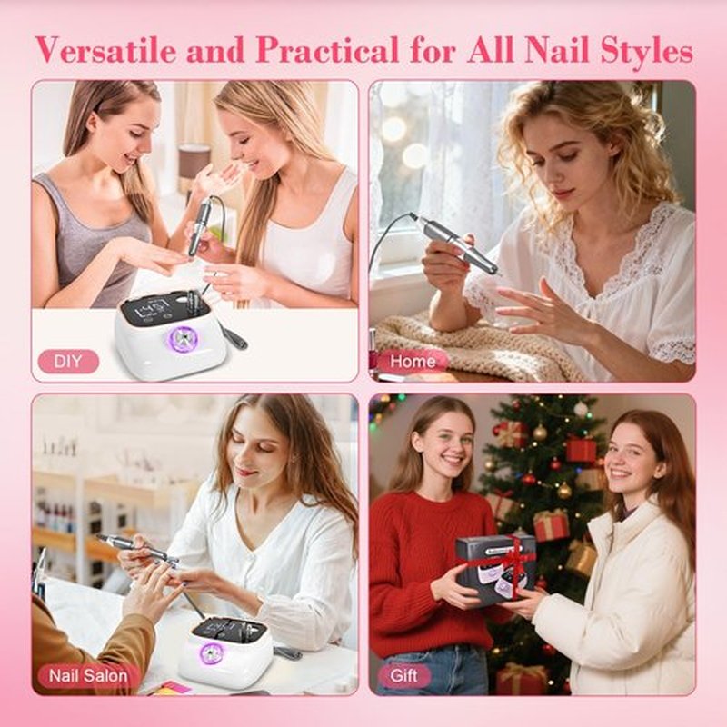 Premium Professional Electric Nail Drill & File Kit — 45,000 RPM High-Speed Handpiece with LCD Display, 7 Versatile Bits, Low Noise & Heat, Perfect for Salon & Home Use(White)
