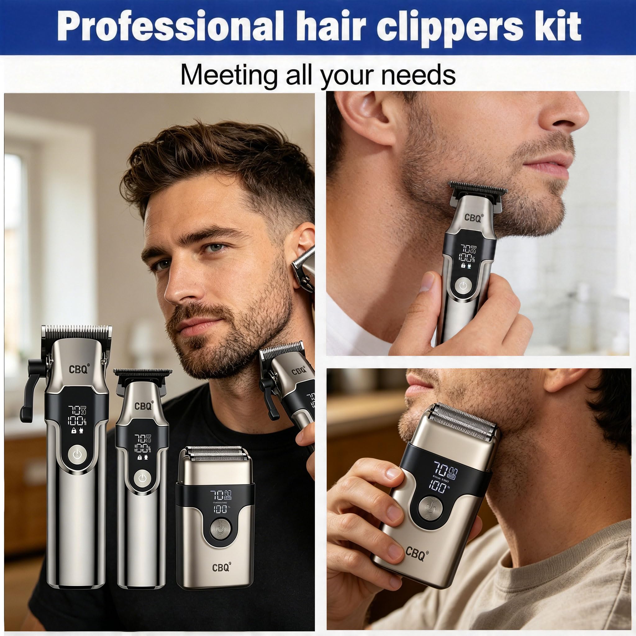 CBQ 3 in 1 Cordless Hair Clippers for Men, Professional Trimmer Set with LED Screen, 2-Speed, Beard Trimmer & Shaver, 10 Guide Combs, Cordless Electric Grooming Kit