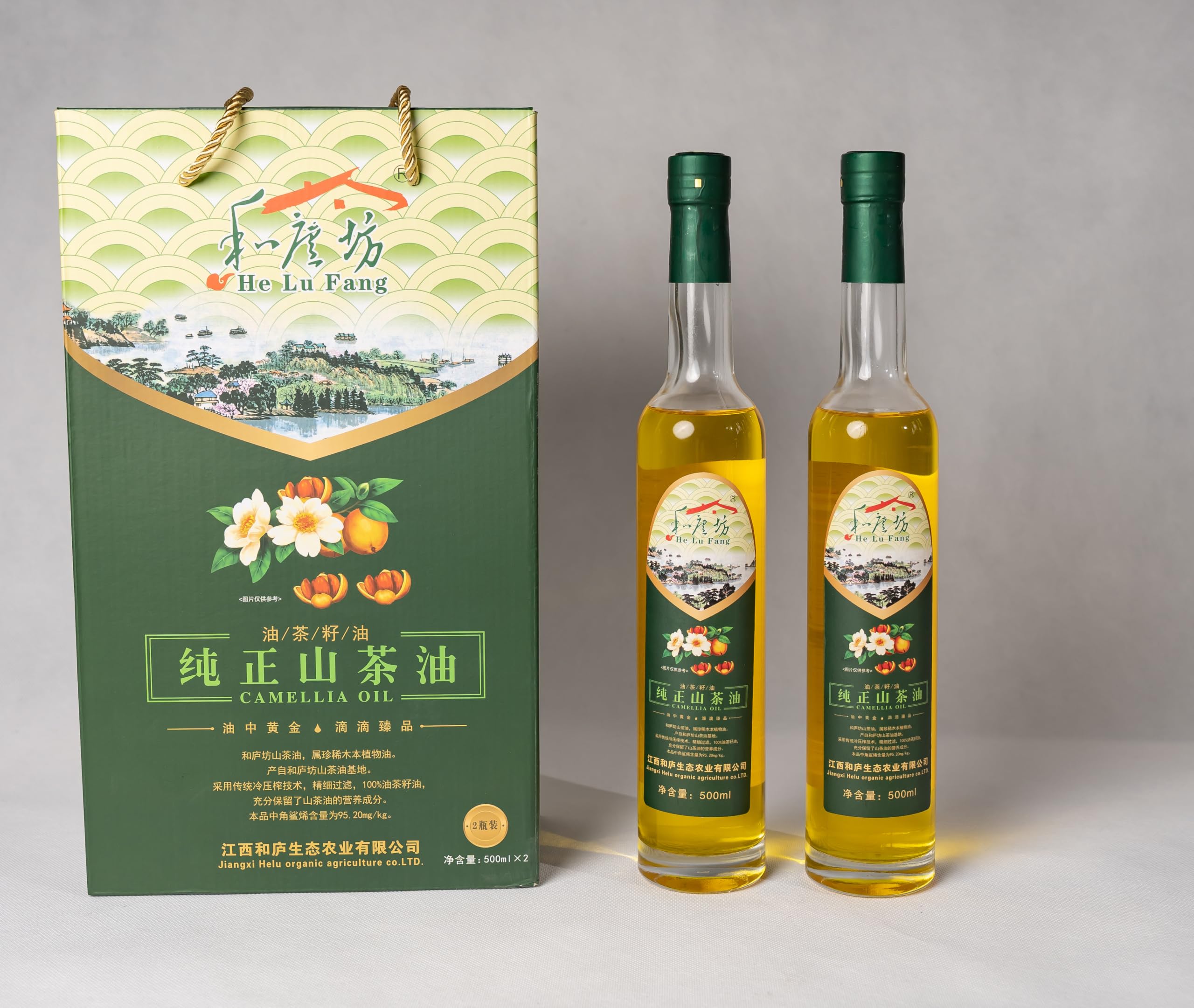 He Lu Fang Premium Camellia Seed Oil Gift Set - 100% Pure Cold Pressed Tea Seed Oil, 485°F High Smoke Point for Healthy Cooking, 80% Oleic Acid (Omega-9), 500ml x 2 Bottles