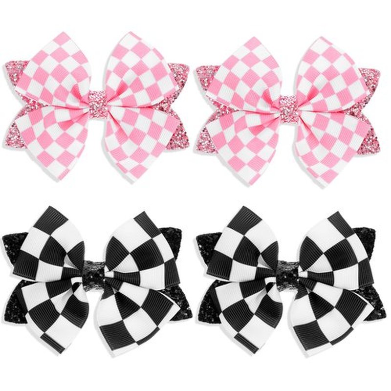 4 Pcs Glitter Pink Checkered Flag Bow for Girls Women, 4 Inch Baby Bows Clips Checker Racing Checkered Flag Hair Bow Clip, Alligator Clips Barrettes Race Fan Car-Themed Birthday Party Gift Accessories