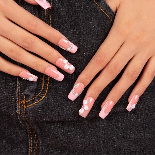 LOVFUL Press on Nails Pink Lady Handmade | Handmade with Full Covered Crystals | Reusable Fake Nails | Square Regular 1.0 in | H281-S