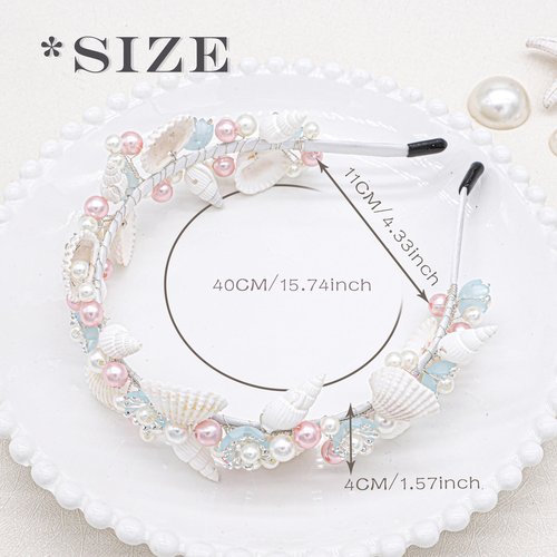 Oriamour Mermaid Crown Seashell Pearl Headband, Beach Wedding Hair Accessory with Pink and White Pearls, Bridal Headbands For Women Girls Summer Headwear Mermaid Headpiece