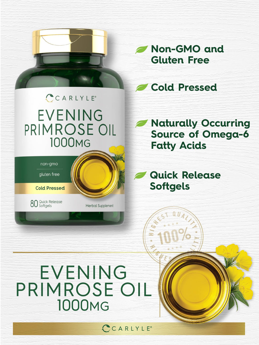Carlyle Evening Primrose Oil Supplement 1000mg | 80 Softgel Capsules | Non-GMO & Gluten Free