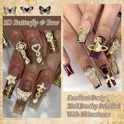 50 Pcs Gold Nail Charms, Gold Dangle Star Heart Bows Nail Charms and Gems Metal Bees Butterfly Crown Planet Cross Dollar Sign Golden Nails Art Supplies for Women DIY Accessories