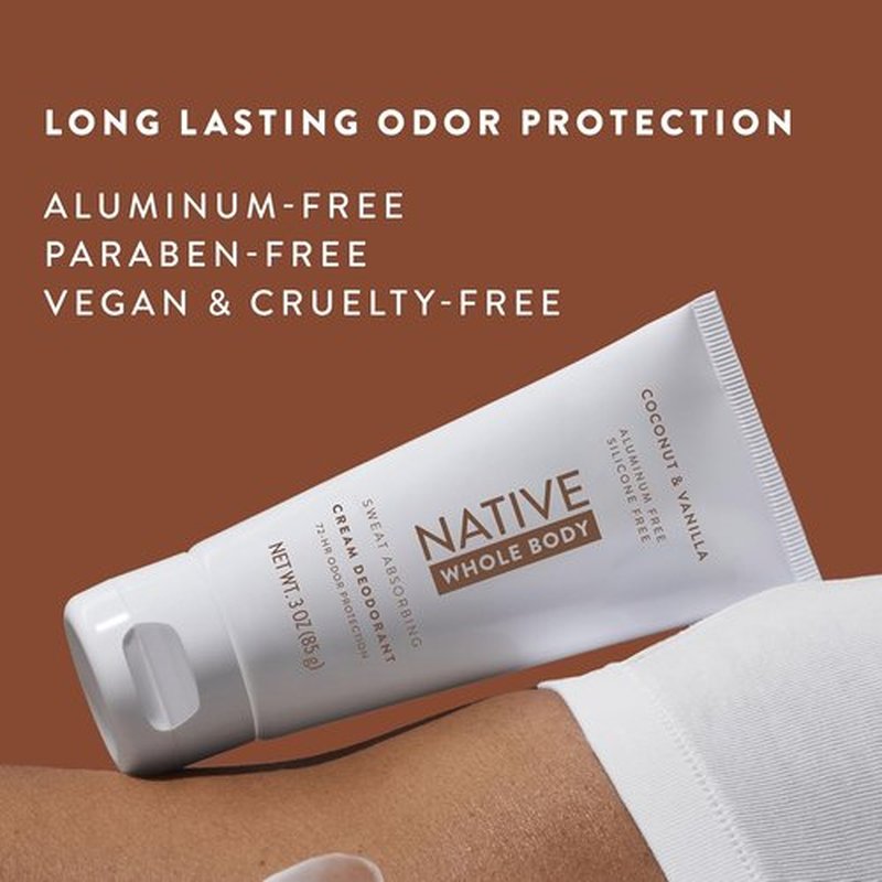Native Whole Body Deodorant Cream - 72 Hour Odor Protection | Aluminum Free with Coconut Oil & Shea Butter | Coconut & Vanilla