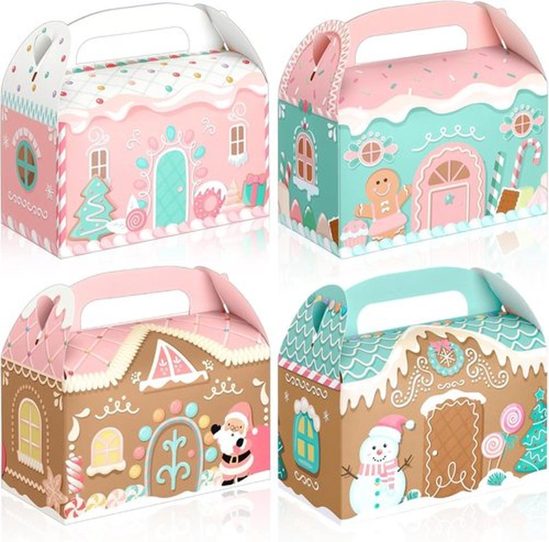 Skiennix Pink Christmas Treat Boxes - 20 Pcs 3D Gingerbread House Design | Cute Gable Goodie Gift Boxes for Snacks & Party Favors