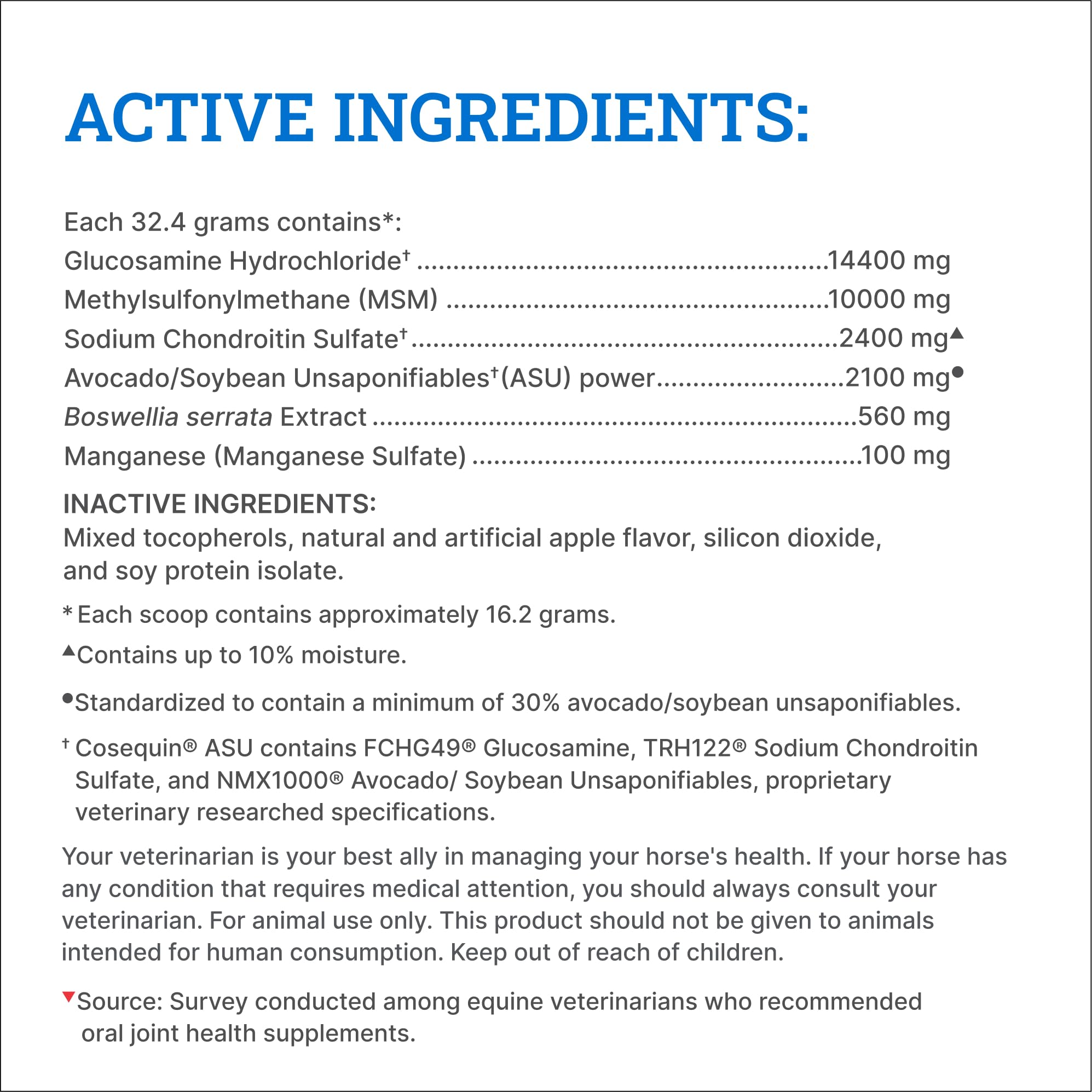 Nutramax Cosequin ASU Joint Health Supplement for Horses - Powder with Glucosamine, Chondroitin, ASU, and MSM, 500 Grams