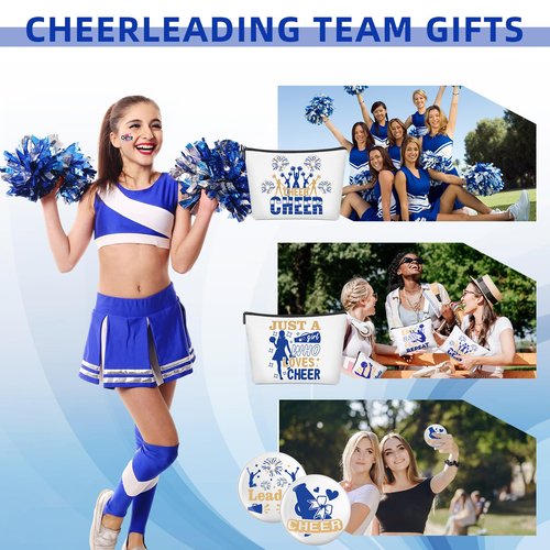 Lyrow 160 Pcs Cheerleader Gifts Bulk for Team Back to School Gift Cheer Scrunchies Hair Ties Makeup Bag Cheer Mirror Bracelet Keychain Sticker for Cheerleader Gift(Blue)
