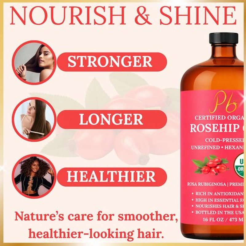 Pomberries Rosehip Seed Oil for Face, Skin & Hair – 100% Pure, Cold-Pressed & Unrefined USDA Organic Rosehip Oil – Helps Reduce the Appearance of Fine Lines & Wrinkles – 16 fl oz Glass Bottle