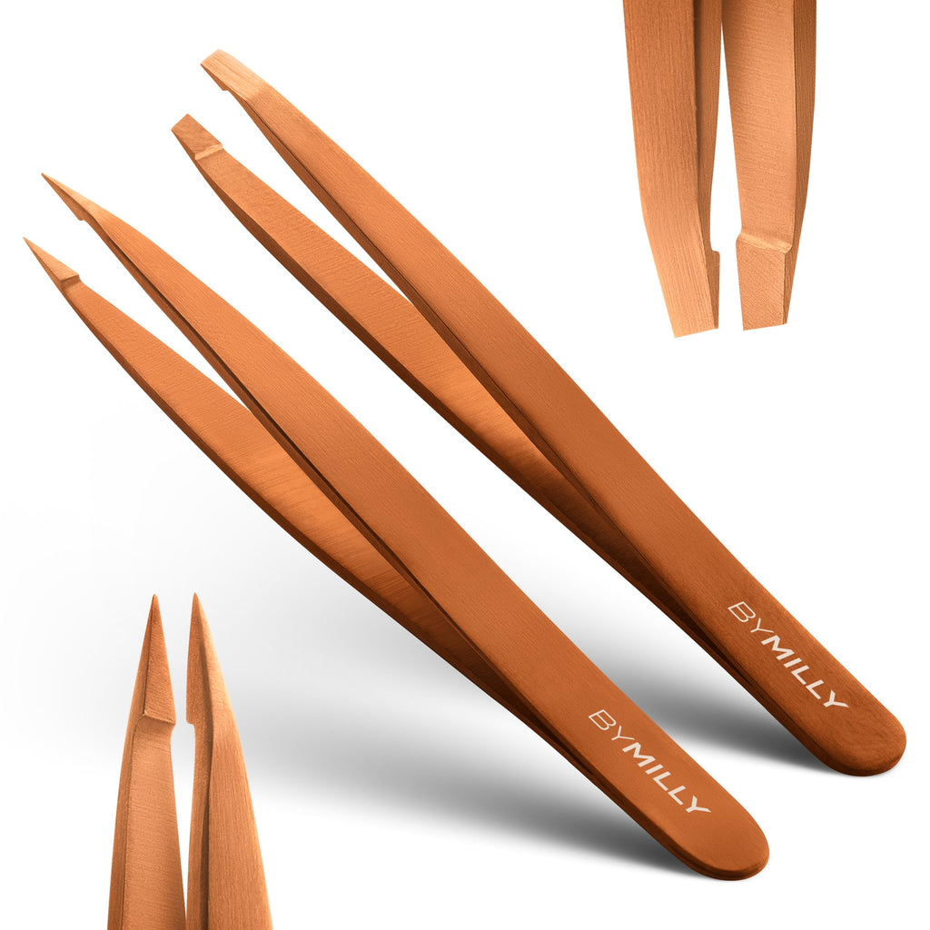 By MILLY Precision Tweezers Set | Titanium Series | Slanted and Pointed Tip Tweezers Kit | Aligned & Hand-Filed Tweezer Set Professional | Hair Removal & Eyebrow Tweezers | Rose Gold
