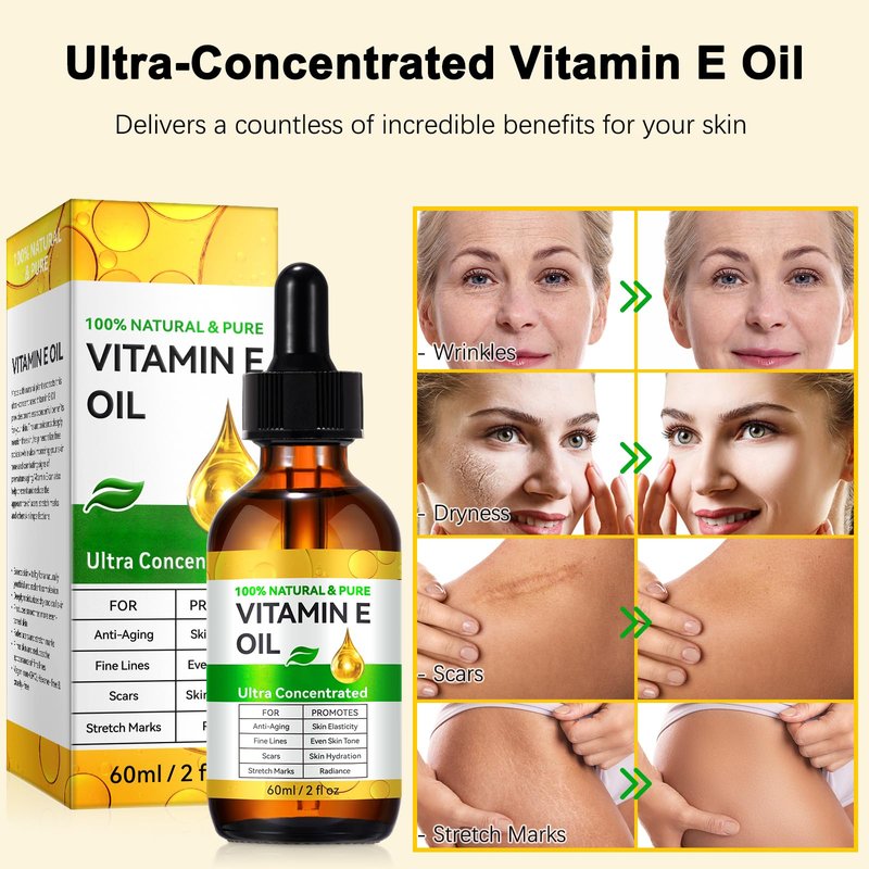 WHLH & WELL-BEING Pure Vitamin E Oil for Skin Face Hair Scars, Moisturizing Dry Skin Winkles Hair and Scalp Pack of 2