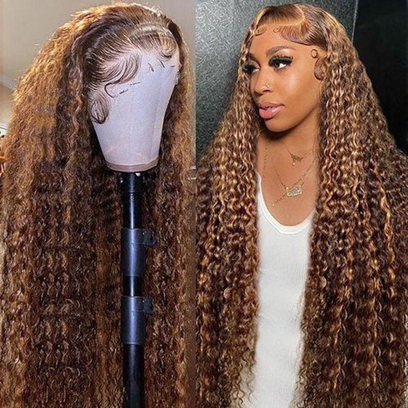 Cfaimity 13x6 Highlight Ombre Lace Front Wigs Human Hair P4/27 Honey Blonde Lace Frontal Wigs 180 Density Colored deep Curly HD Lace Front wigs Human Hair Wig Pre Plucked with Baby Hair 24Inch