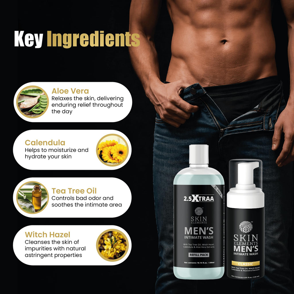 Skin Elements Men's Intimate Wash JUMBO Pack | with Refill | For 180 Days | 14.2 fl. oz | pH Balanced Hygiene Foaming Wash | Controls Bad Odor | Tea Tree Oil | Super Saver Pack |