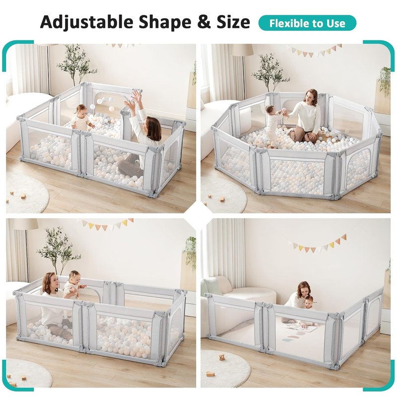 Doradotey Baby Playpen - Adjustable Large Playard for Babies & Toddlers | Foldable Indoor Play Center, Light Grey 180x200x68cm