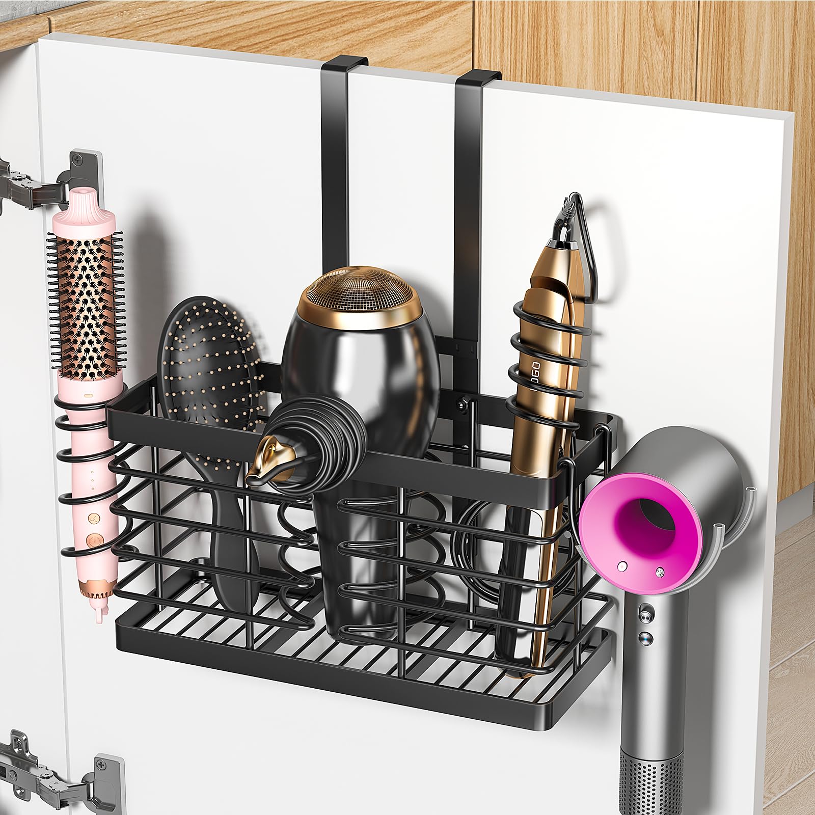 Sevenblue Hair Tool Organizer, 2026 Upgraded 3-in-1 Universal Hair Dryer Holder, Adjustable Height Metal Blow Dryer Holder Wall Mounted/Over Cabinet Door/Free-Standing (Black)