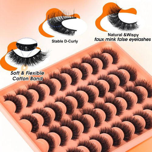 20 Pairs Natural False Eyelashes Cat Eye Lashes Strips Natural Look Wispy D-Curly Faux Mink Eyelashes Thick Volume Strips Lashes Russian 6D Fake Eyelashes by Zegaine