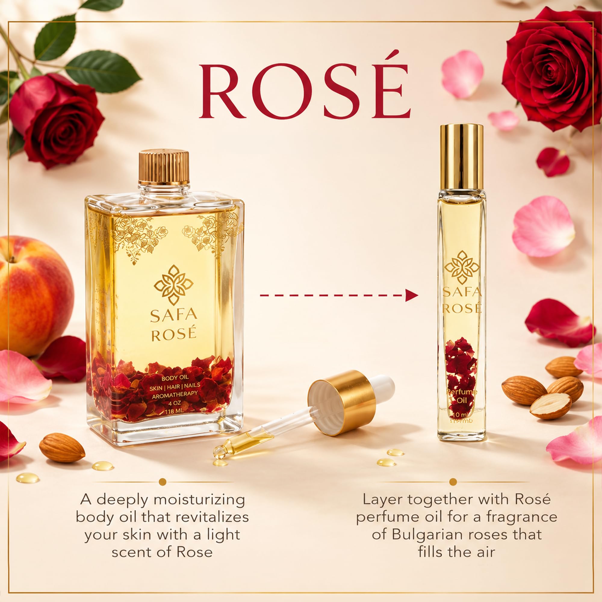 SAFA Rosé Organic Rose Oil Perfume Roller | Bulgarian Damask & Indian Rose Petals | 10 mL Long Lasting Perfume Oil for Women & Men | Non-Toxic, Alcohol-Free & Travel Friendly