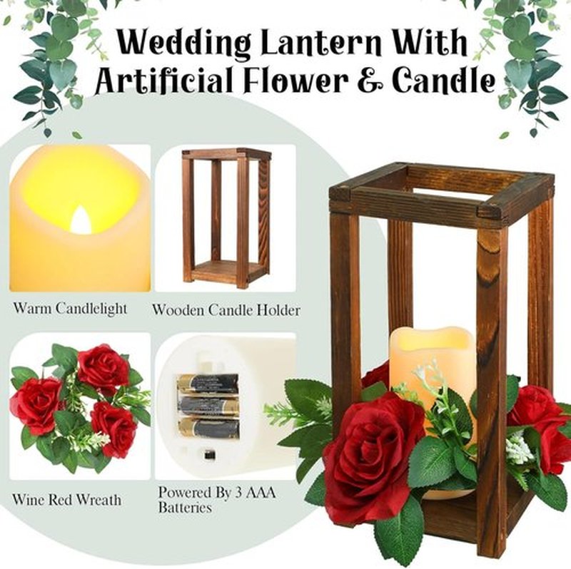 Hushee Wedding Lantern Centerpiece - 30 Pcs Rustic Wooden Holders with Candles | Farmhouse Decor (Brown & Red)
