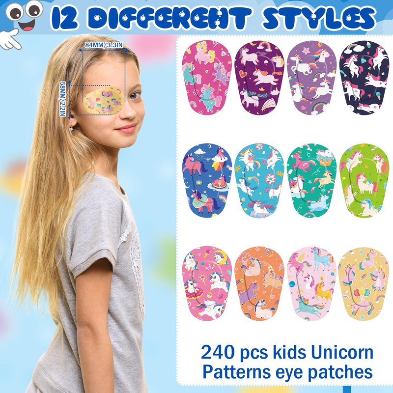 Panelee 60 Pcs Adhesive Eye Patches for Kids Girls Unicorn Patterns Toddler Eye Patches Bulk Breathable Material, Light Blocking Cotton Colorful and Fun Design Adhesive Bandages for Girl, 12 Styles