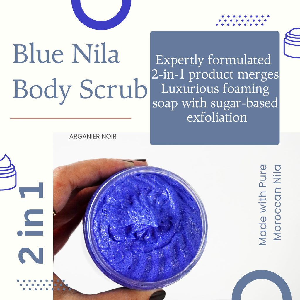 Blue Nila Whipped Sugar Scrub 2 in 1 Soap + Scrub made with Pure Moroccan Nila deeply Clean the Skin, Gently Exfoliate and Even Skin Tone.