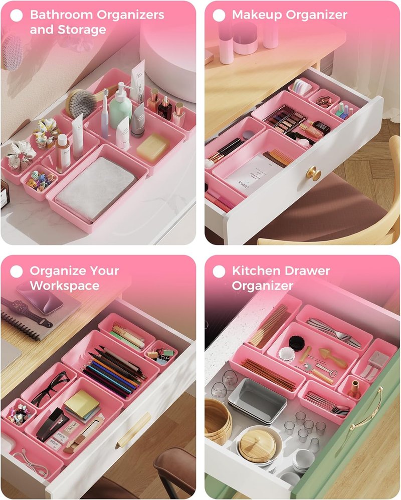 BiuLeon 25 PCS Plastic Drawer Organizers Set - Versatile Vanity & Makeup Storage | Pink, 4 Sizes