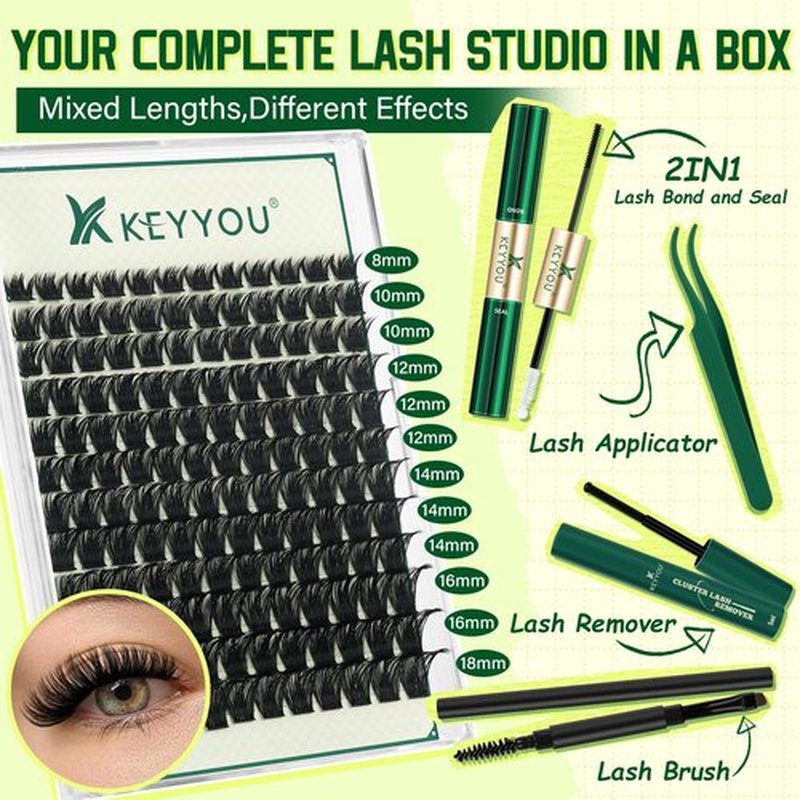 KEYYOU Lash Clusters Kit 144pcs Thick Volume D Curl Eyelash Clusters Lash Extension Kit with Mascara Brush Bond and Seal Glue Remover Applicators and Brush for DIY Lash Extensions (Y02)