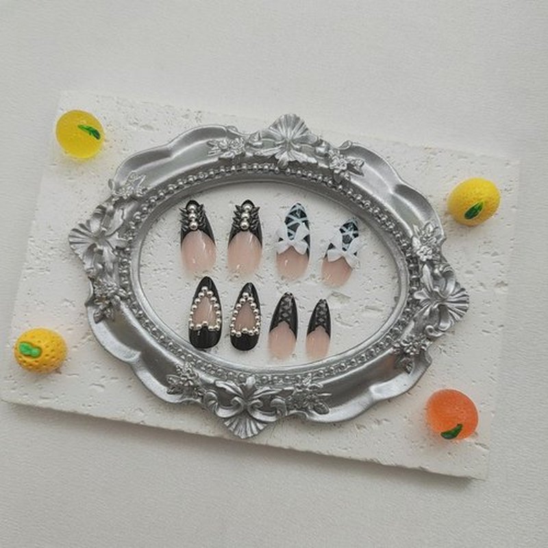 Almond Press on Nails Medium Fake Nails with Bow Heart Pearl Designs Black French Tip Nails Press ons Glossy Glue on Nails Cute Acrylic Nails for Women 24Pcs