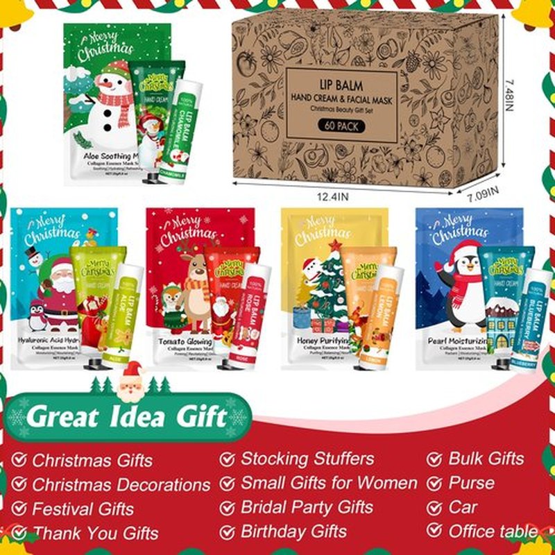 KONEUK 60 Pack Christmas Hand Cream, Facial Mask and Lip Balm Set, Stocking Stuffers for Women, Bulk Christmas Gifts for Coworkers, Party Supplies, Spa Party Favors and Decorations