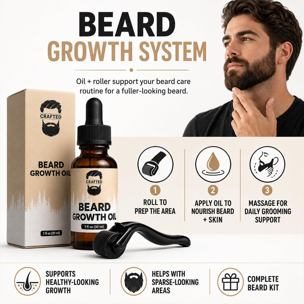 Crafted Beard Growth Kit - Grow a Thicker, Fuller Beard - Complete 3-Month Set with Oils, Roller, and Vitamins (1 Month Kit)