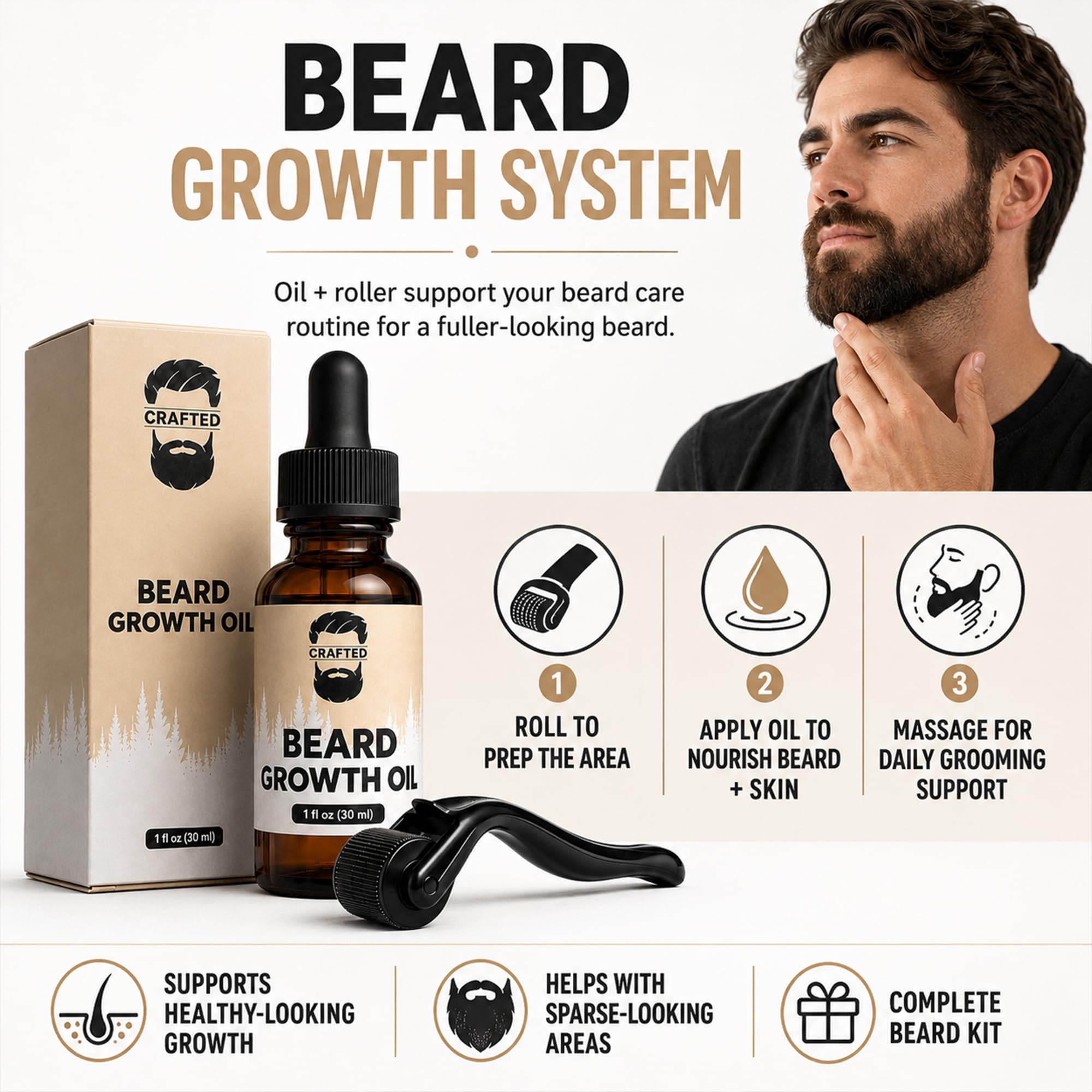 Crafted Beard Growth Kit - Grow a Thicker, Fuller Beard - Complete 3-Month Set with Oils, Roller, and Vitamins (1 Month Kit)