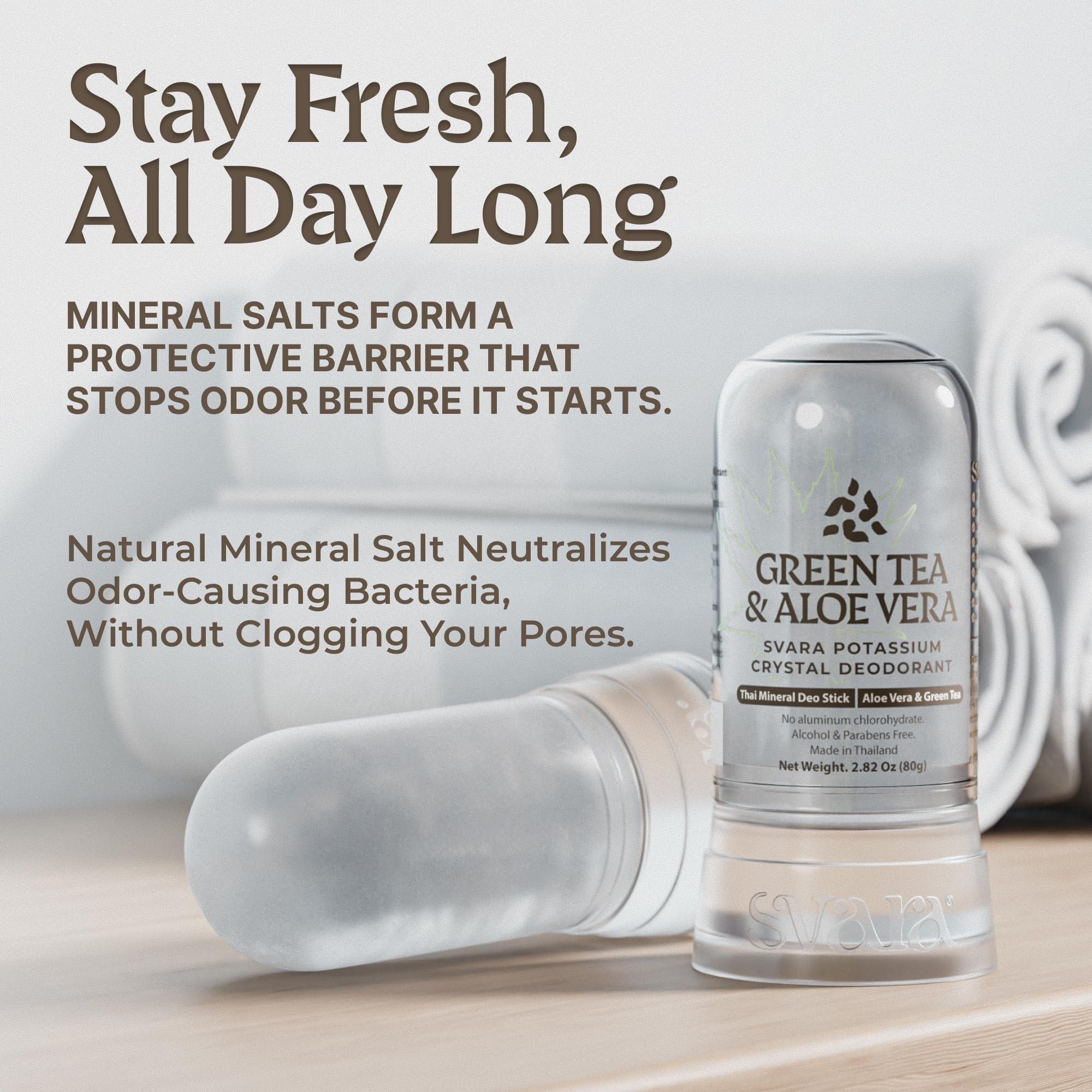 SVARA Natural Alum Crystal Deodorant Stick for Women & Men – Potassium Alum Stone for Odor Control,Non-Sticky Mineral Rock Design for Daily Freshness & Easy Application–Green Tea & Aloe Vera (2.82Oz)