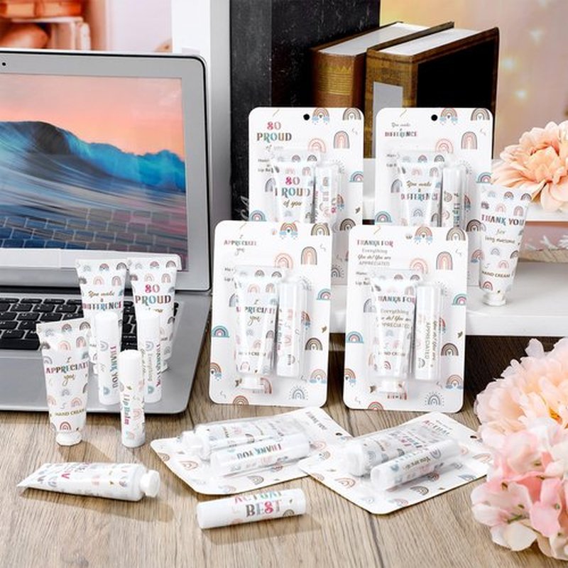 Loopeer 12 Set/ 24 Pcs Teacher Appreciation Gift Bulk Boho Rainbow Lip Balm Hand Cream Lotion Set Small Thank You Gifts Party Favors for Women Employee Coworker Staff Galentine's Day