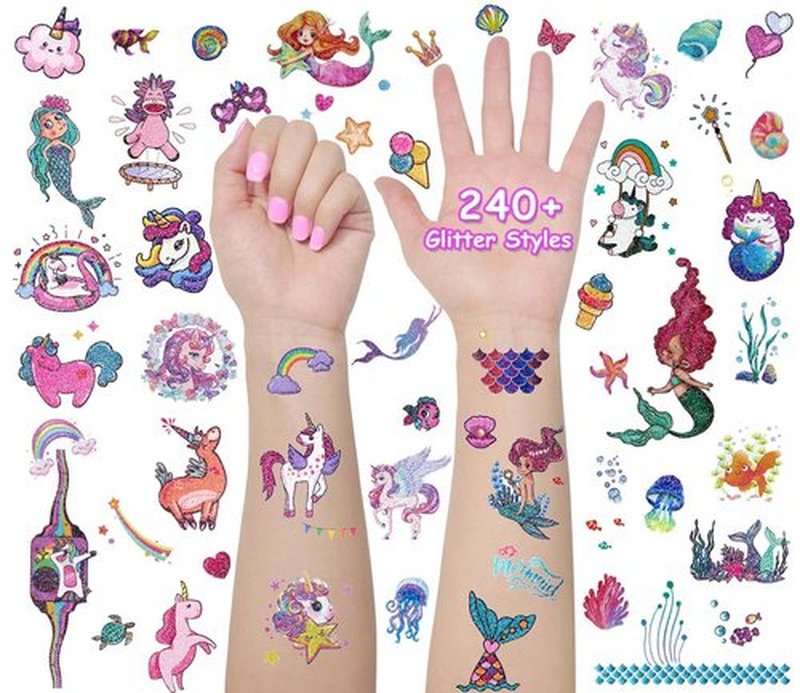 Glitter Unicorn Temporary Tattoos for Kids, 24 Sheets Waterproof Mermaid Tattoos Stickers 240+Pcs, Girls Gifts Birthday Party Baby Shower Favor Supplies, Goodie Bags Fillers & Classroom Exchange