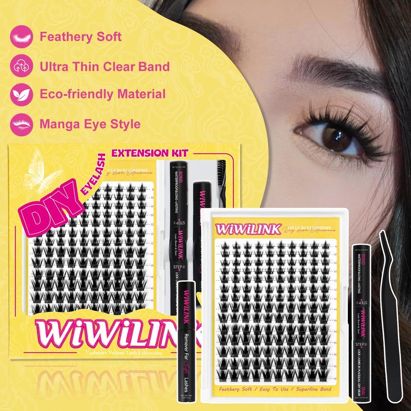 WiWiLINK Lashes California Sunset Kit Manga Lash Clusters Kit 8-18mm Wispy Eyelash Clusters DIY Lash Spikes Waterproof Anime Extension 0.3mm Ultra-Thin Band Individual Cluster Eyelash Extensions Kit