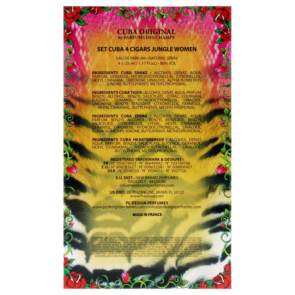 Cuba Jungle 4 Pieces Gift Set for Women, (Snake + Tiger + Zebra + Heartbreaker 4×1.17 Ounce Eau de Parfum Spray)