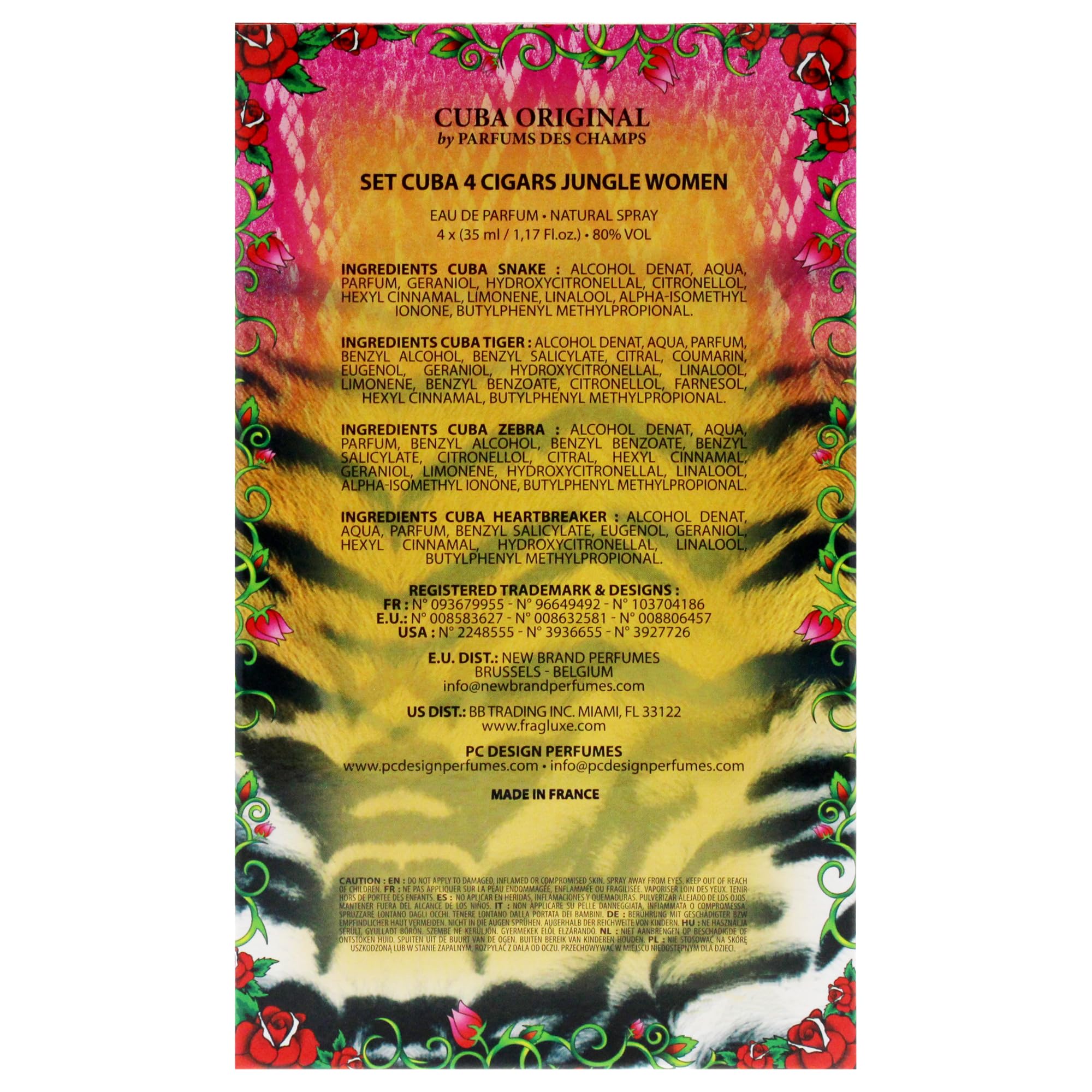 Cuba Jungle 4 Pieces Gift Set for Women, (Snake + Tiger + Zebra + Heartbreaker 4×1.17 Ounce Eau de Parfum Spray)
