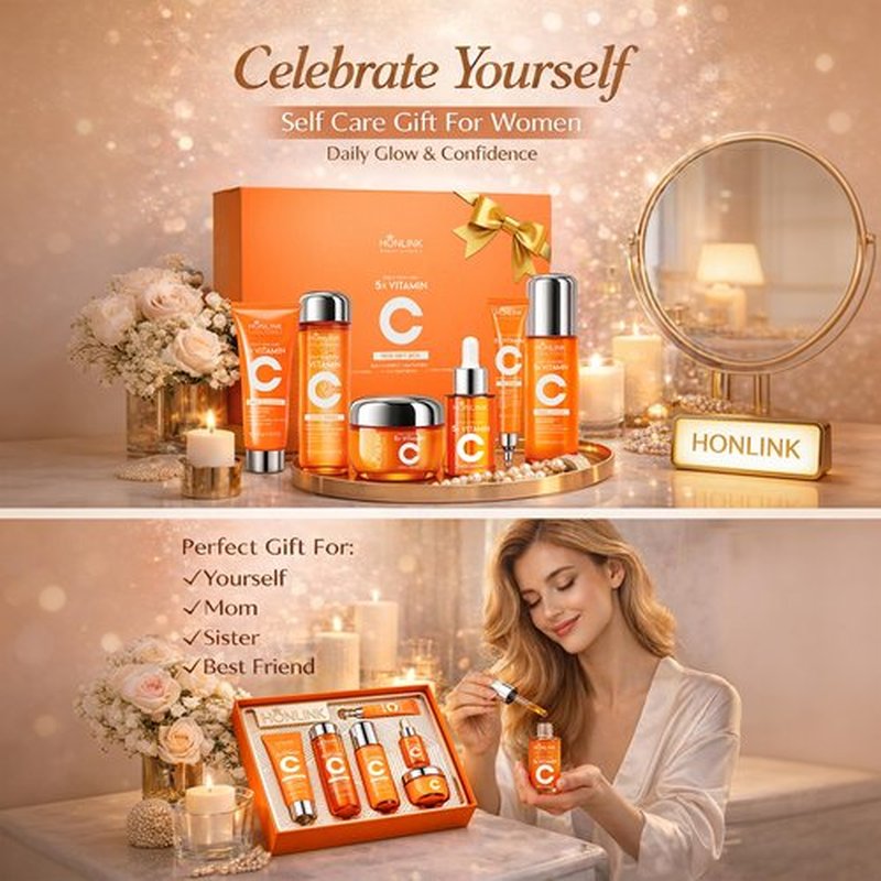 Glown 6-Piece Hydrating Skincare Set with Vitamin C & Niacinamide,Complete Face & Body Care Kit with Cleanser,Toner,Serum,Moisturizer,Eye Cream & Body Lotion | Valentine’s Day Skincare Gift for Women