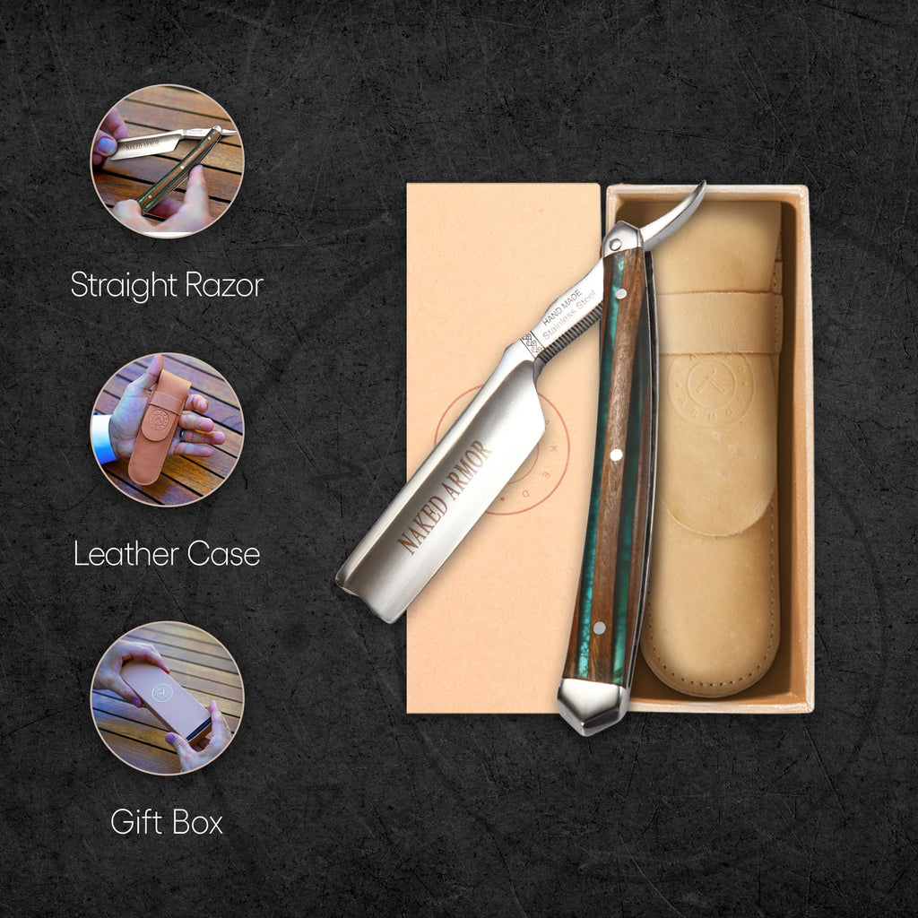 Naked Armor Safir Straight Razor for Men — Shave Ready 7/8" Barber's Notch Japanese Stainless Steel Straight Edge Razor, Sandalwood Scale, Beard Shaping, Leather Case & Gift Box Included