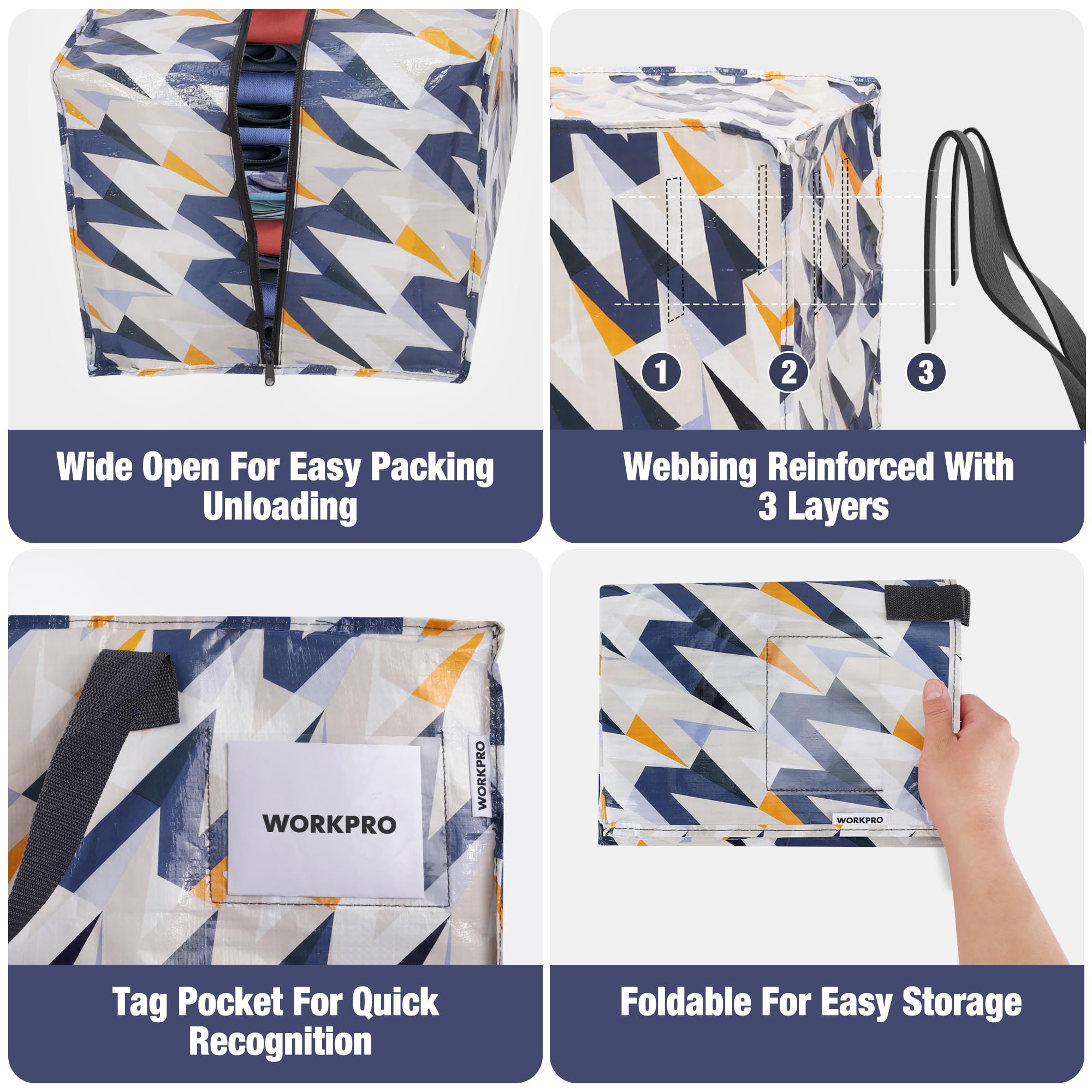 WORKPRO 6 Pack Extra Large Moving Bags with Zippers & Carrying Handles Backpack Straps, Heavy-Duty Storage Tote for Space Saving & Storage, Alternative to Moving Box (W - Alphabet Printing)