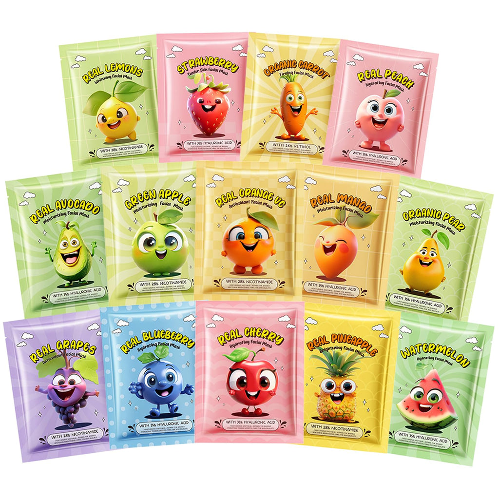 14 PCS Fruit Face Masks Skincare,Sheet Facial Mask Skincare Gifts Set,Plant and fruit mask, Kids Face Mask Spa Day Kit Supplies,Soothe Face Mask for Spa Party，Moisturizing, Brightening, Soothing