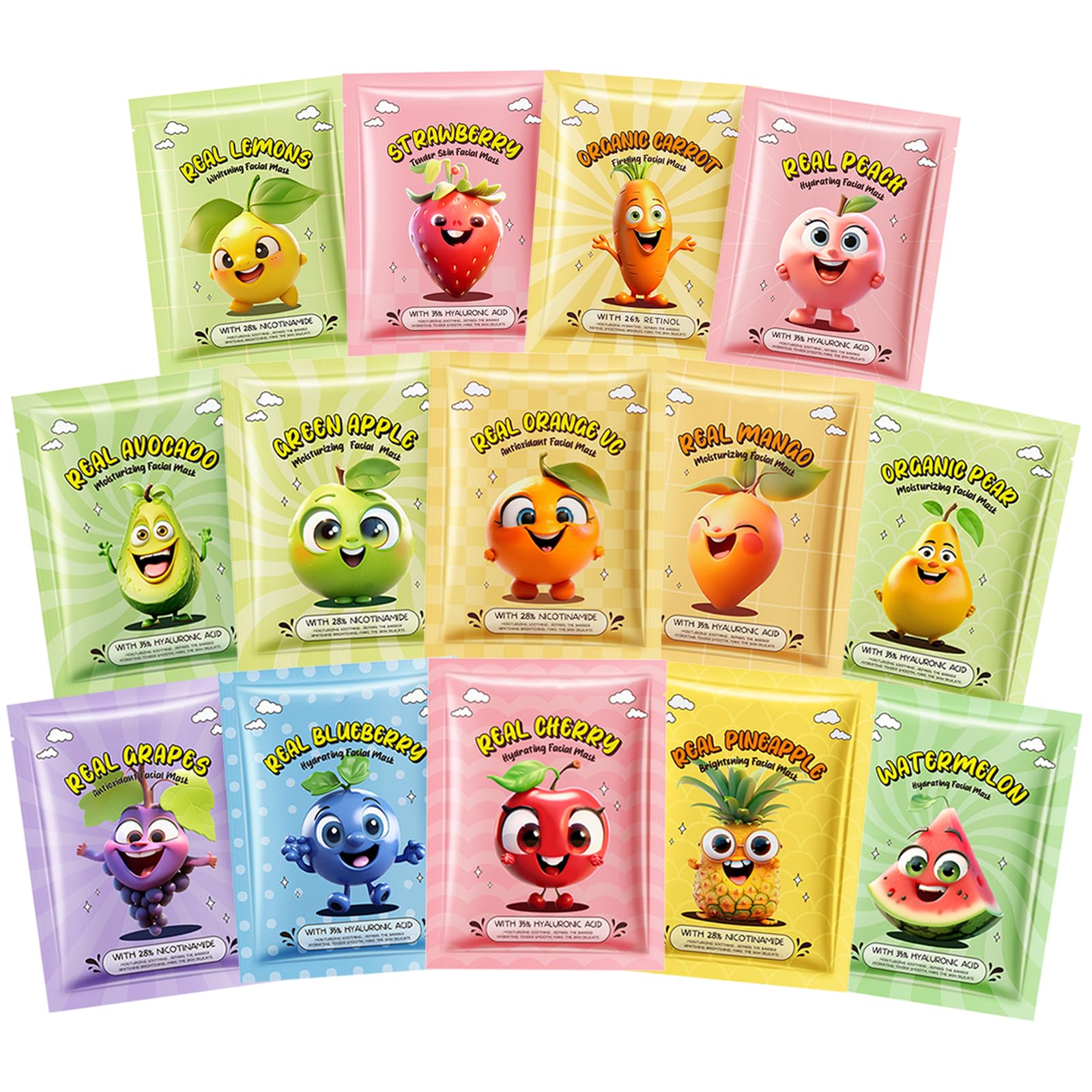 14 PCS Fruit Face Masks Skincare,Sheet Facial Mask Skincare Gifts Set,Plant and fruit mask, Kids Face Mask Spa Day Kit Supplies,Soothe Face Mask for Spa Party，Moisturizing, Brightening, Soothing