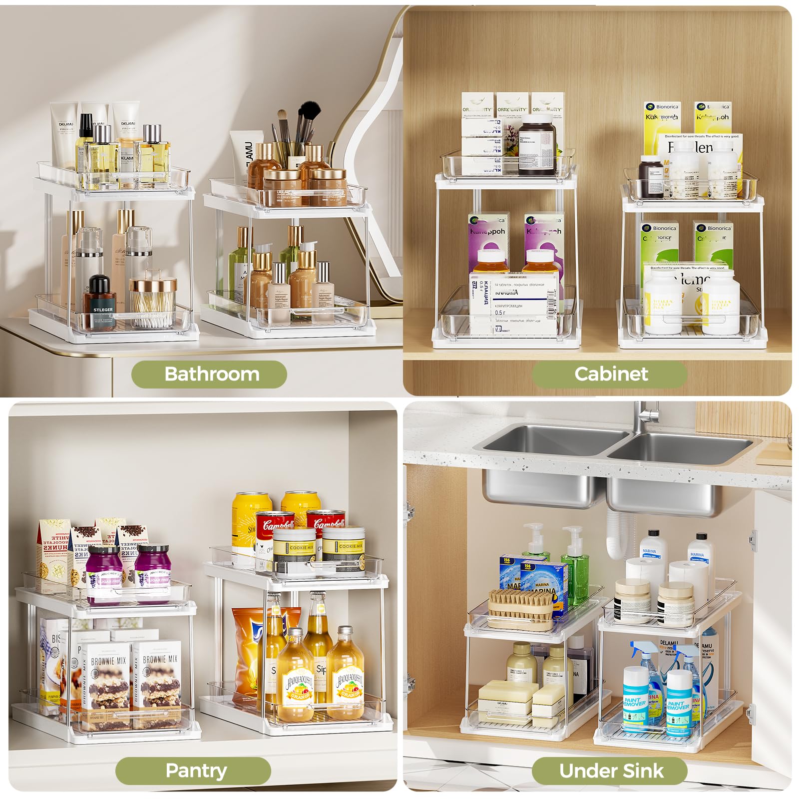 Delamu 2-Tier Bathroom Under Sink Organizers and Storage, Pull Out Cabinet Drawers with Anti-Slip Design, Multi-Purpose Storage for Kitchen, Pantry, Bathroom & Home Organization, White, 2 Pack