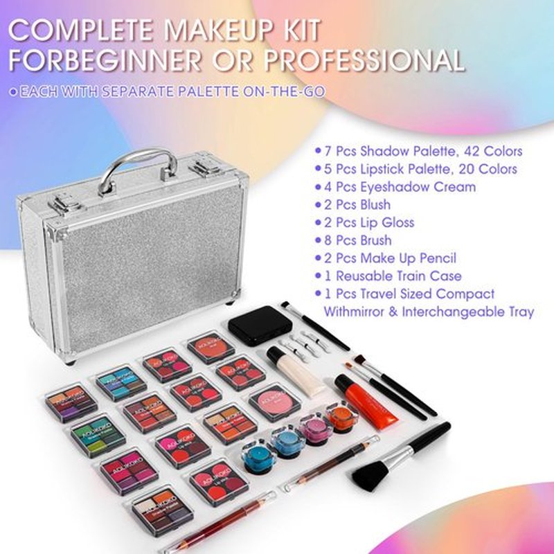 AOLIKOKO Makeup Kit for Teenager & Women Full Kit, All- In- One Makeup Set With The Cosmetic Train Case, Professional Makeup Kit, Makeup Gift Set for Women Girls(silver)