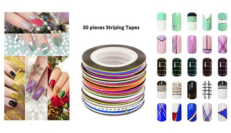 Beaute Galleria Bundle 50 Pieces Nail Art Tool Kit with Pouch - 5 Pieces Dotting Tool Marbleizing Pen (10 Sizes), 15 Pieces Acrylic Gel Detailing Painting Brushes Liners, 30 Pieces Striping Tapes