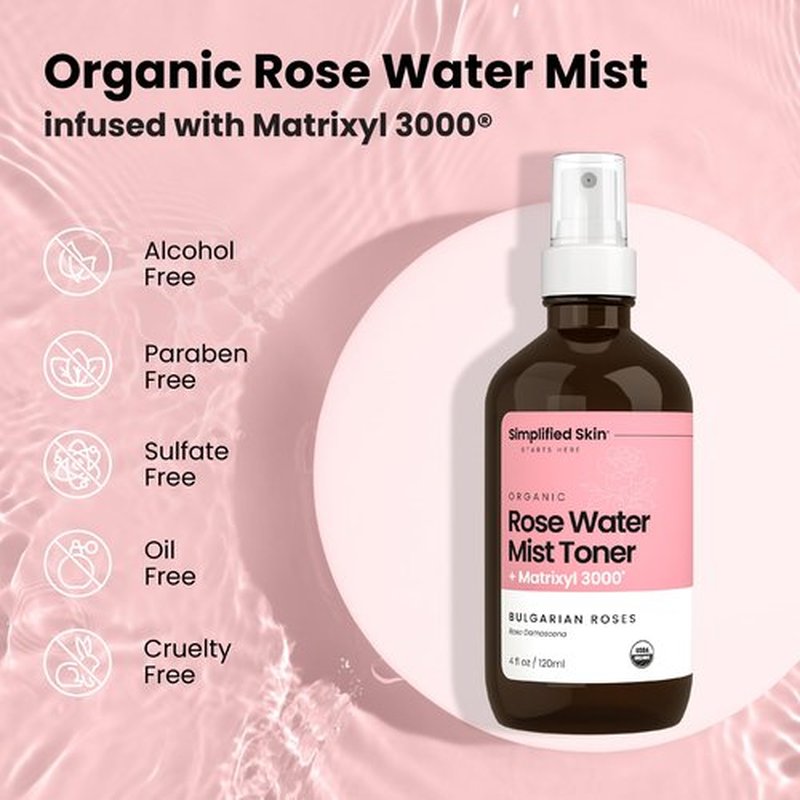 Rose Water Spray for Face with Matrixyl 3000 - Organic Rosewater Face Mist with Aloe Vera & Hyaluronic Acid - Hydrating, Reduces Fine Lines, Boosts Collagen Production, & Soothes Skin - 4 Fl Oz